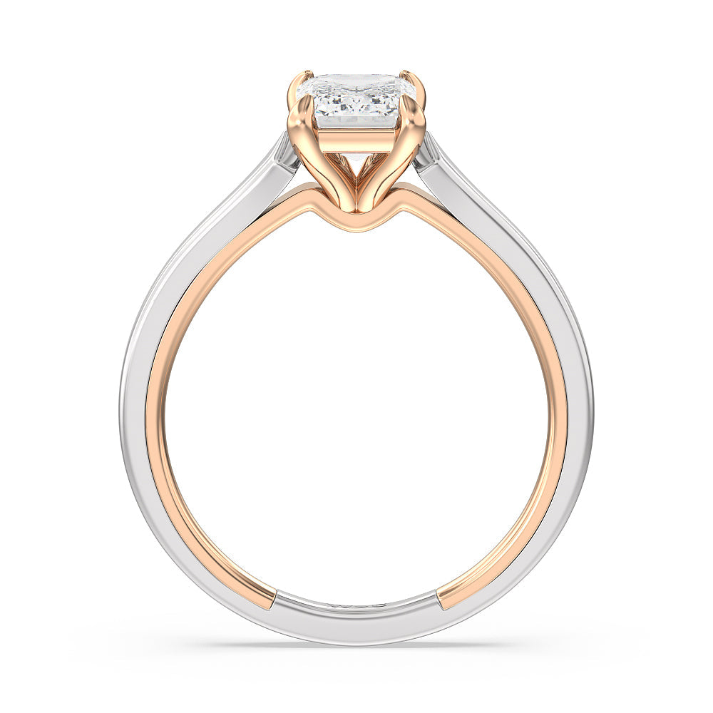 4 Prong Two-Tone Solitaire Engagement Ring with Emerald Cut Diamond in 14KT White & Rose Gold view 2
