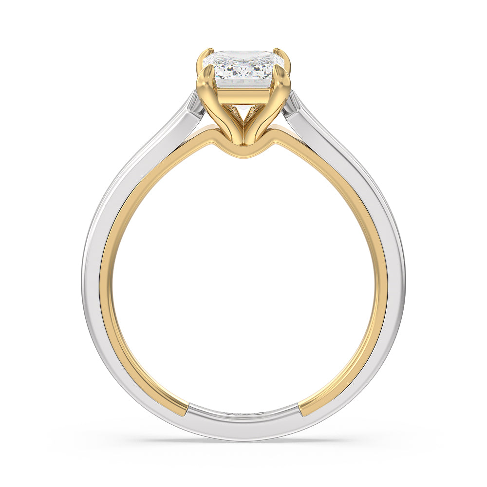 4 Prong Two-Tone Solitaire Engagement Ring with Emerald Cut Diamond in 14KT White & Yellow Gold view 2
