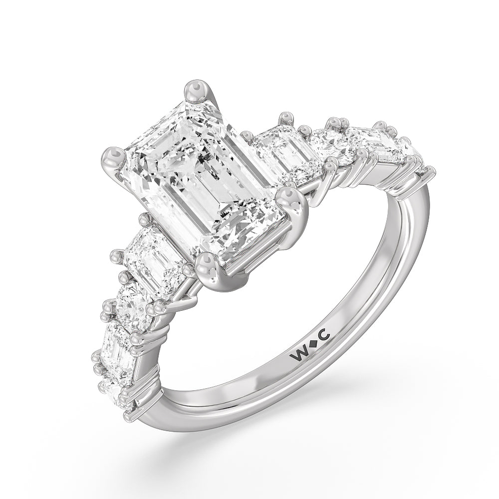 Emerald Cut Emerald and Round Side Stone Engagement Ring with Lab Grown Diamond in 14KT Platinum view 3
