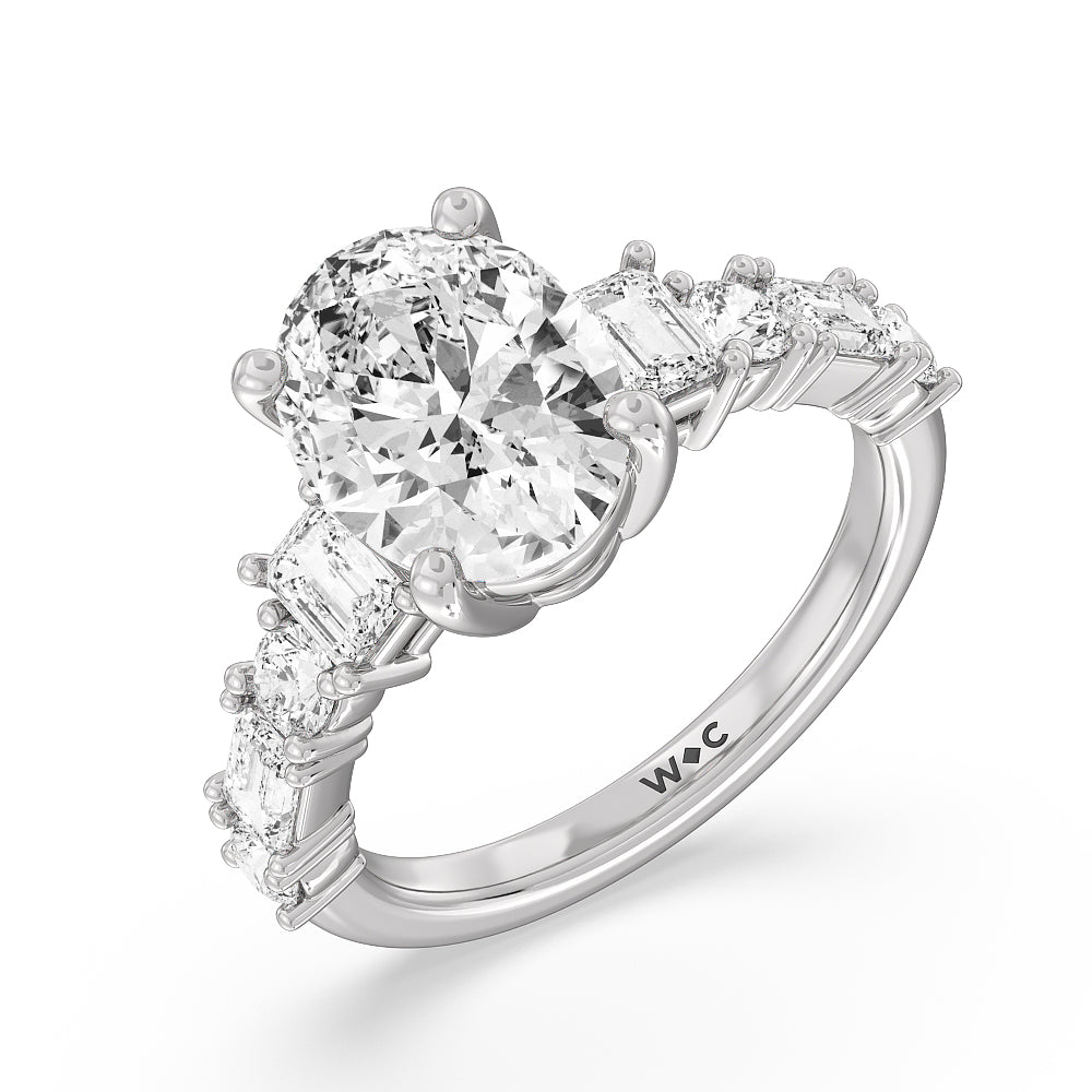 Oval Cut Emerald and Round Side Stone Engagement Ring with Lab Grown Diamond in 14KT Platinum view 3
