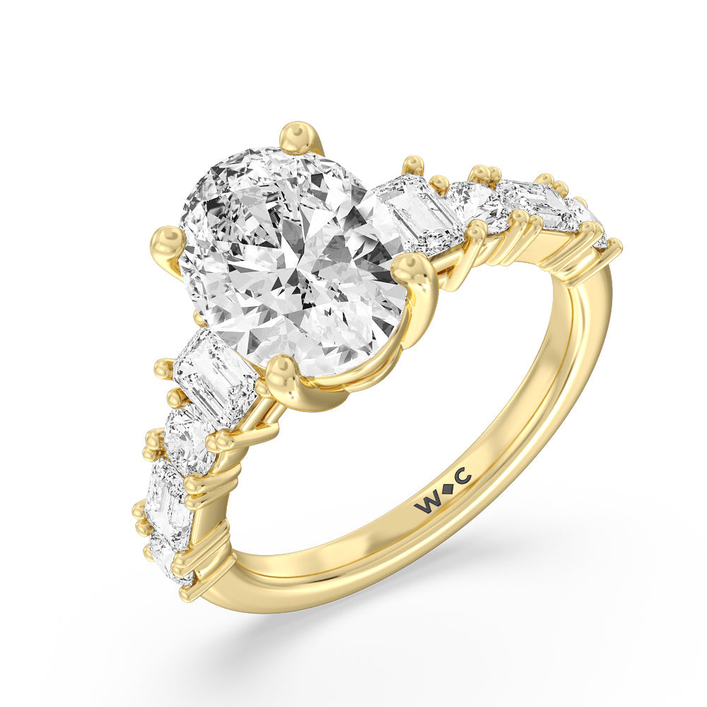 Oval Cut Emerald and Round Side Stone Engagement Ring with Lab Grown Diamond in 14KT Yellow Gold view 3
