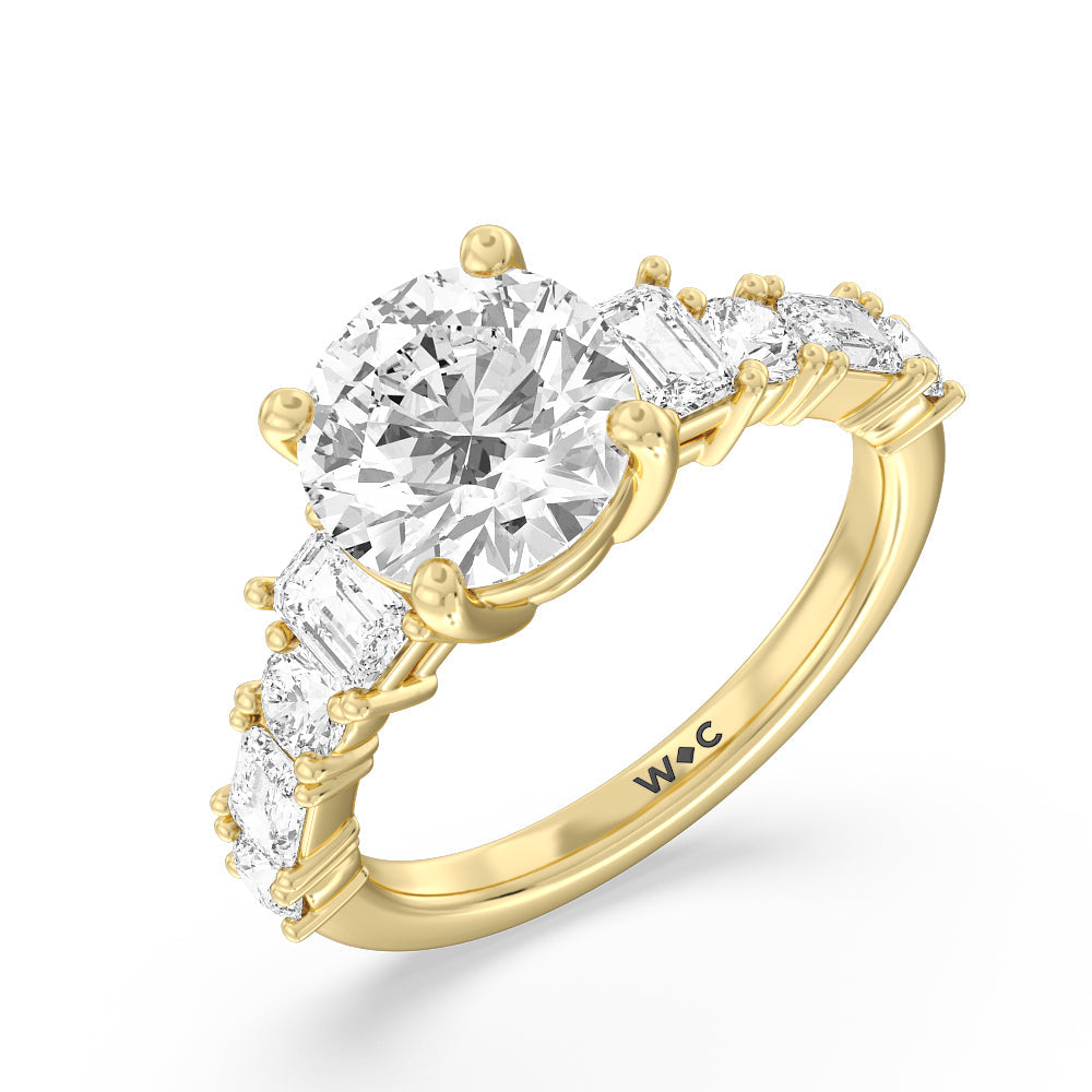 Round Cut Emerald and Round Side Stone Engagement Ring with Lab Grown Diamond in 14KT Yellow Gold view 3
