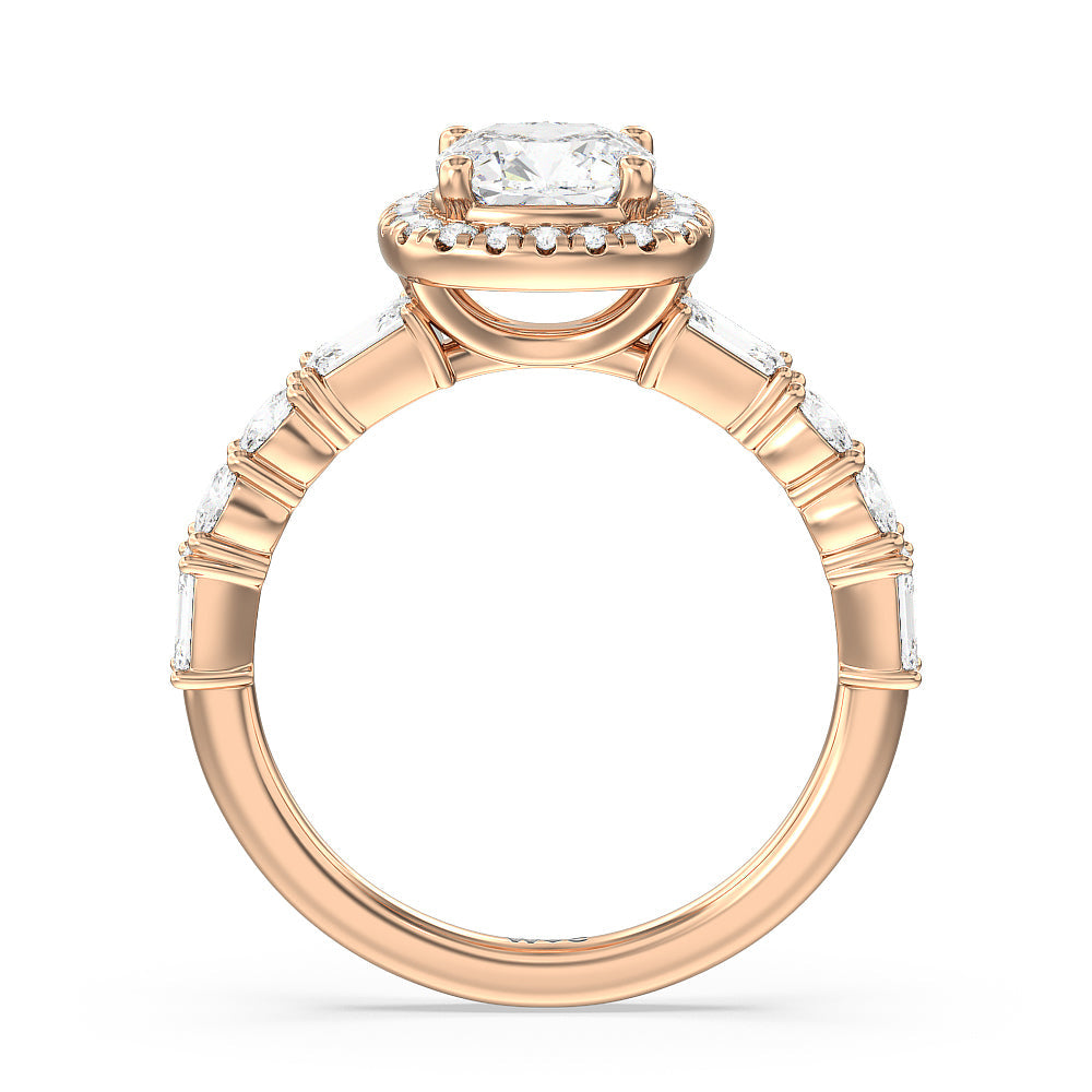 Halo Fancy Cut Side Stones Engagement Ring with Cushion Cut Diamond in 14KT Rose Gold view 2
