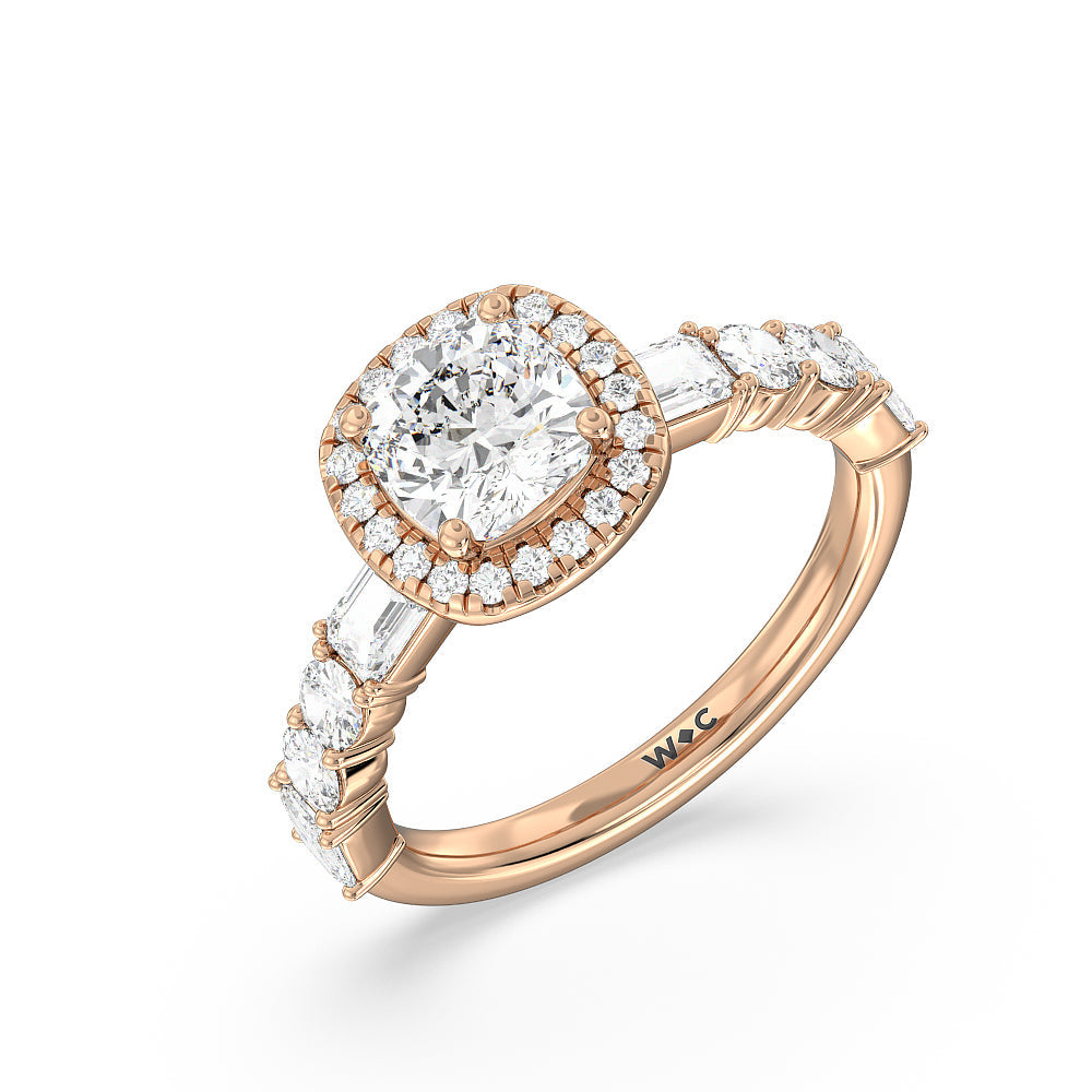 Halo Fancy Cut Side Stones Engagement Ring with Cushion Cut Diamond in 14KT Rose Gold view 3
