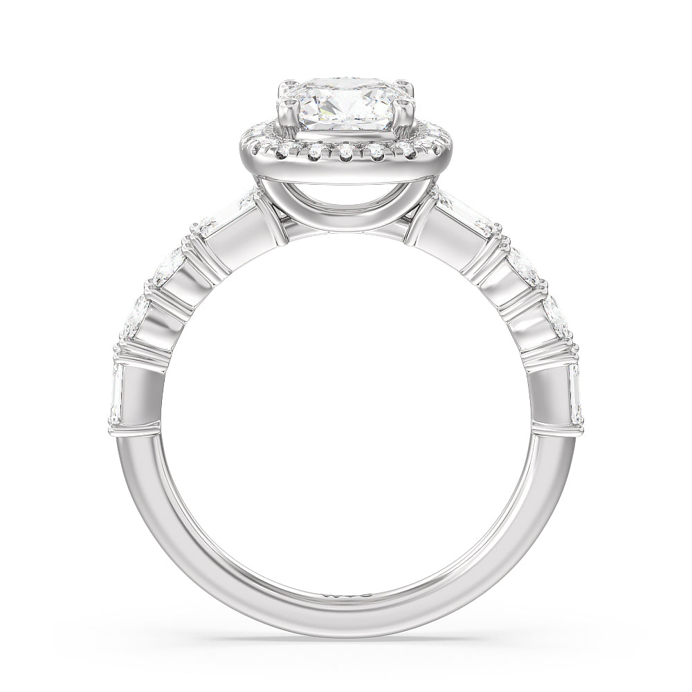Halo Fancy Cut Side Stones Engagement Ring with Cushion Cut Diamond in 14KT Platinum view 2
