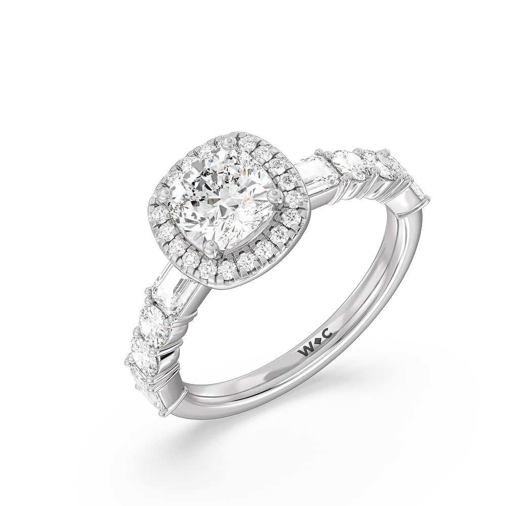 Halo Fancy Cut Side Stones Engagement Ring with Cushion Cut Diamond in 14KT Platinum view 3
