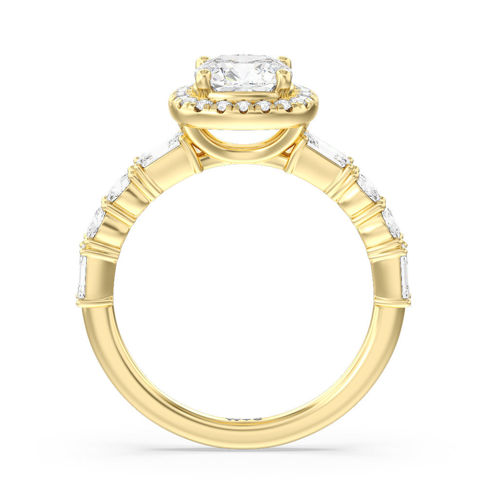 Halo Fancy Cut Side Stones Engagement Ring with Cushion Cut Diamond in 14KT Yellow Gold view 2
