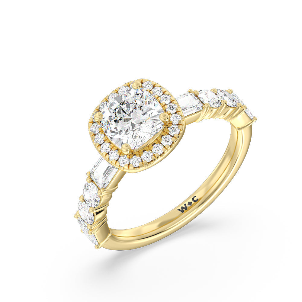 Halo Fancy Cut Side Stones Engagement Ring with Cushion Cut Diamond in 14KT Yellow Gold view 3
