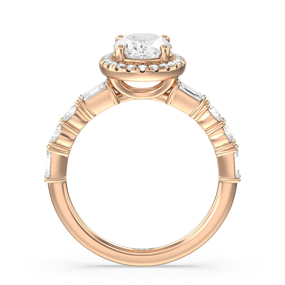 Halo Fancy Cut Side Stones Engagement Ring with Oval Cut Diamond in 14KT Rose Gold view 2
