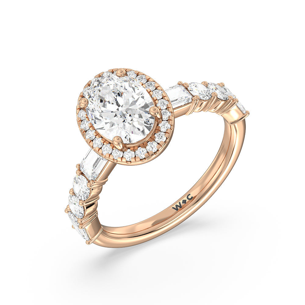 Halo Fancy Cut Side Stones Engagement Ring with Oval Cut Diamond in 14KT Rose Gold view 3
