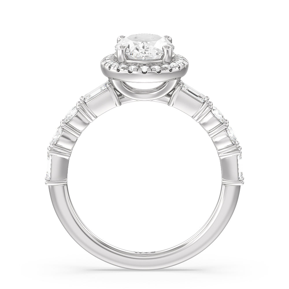 Halo Fancy Cut Side Stones Engagement Ring with Oval Cut Diamond in 14KT Platinum view 2
