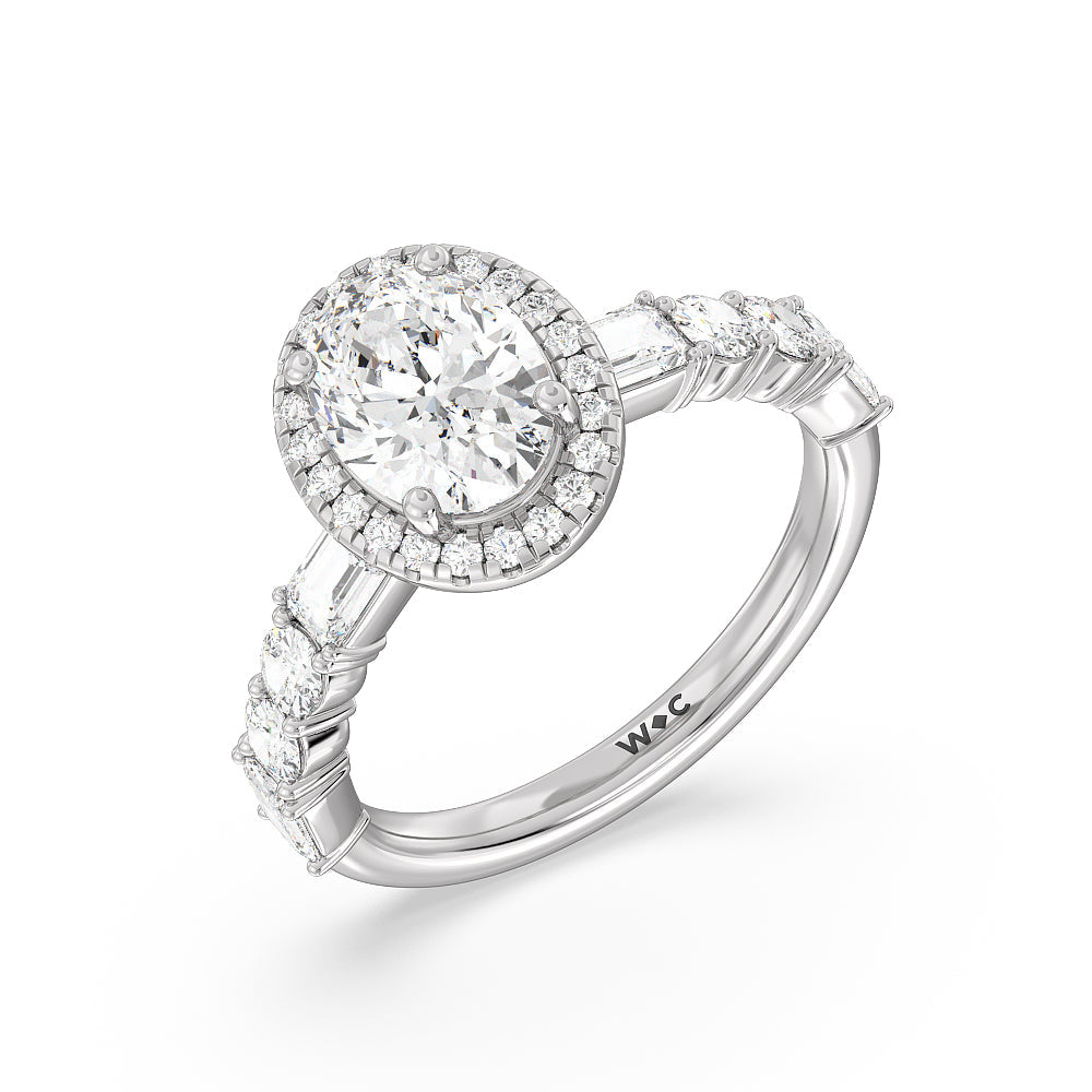 Halo Fancy Cut Side Stones Engagement Ring with Oval Cut Diamond in 14KT Platinum view 3
