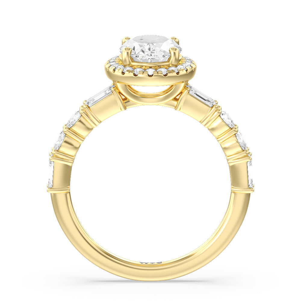 Halo Fancy Cut Side Stones Engagement Ring with Oval Cut Diamond in 14KT Yellow Gold view 2
