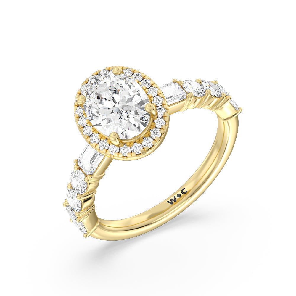 Halo Fancy Cut Side Stones Engagement Ring with Oval Cut Diamond in 14KT Yellow Gold view 3
