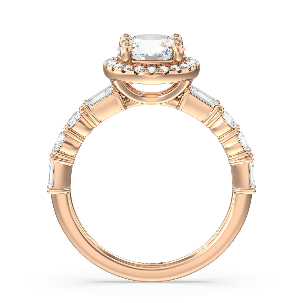 Halo Fancy Cut Side Stones Engagement Ring with Round Cut Diamond in 14KT Rose Gold view 2
