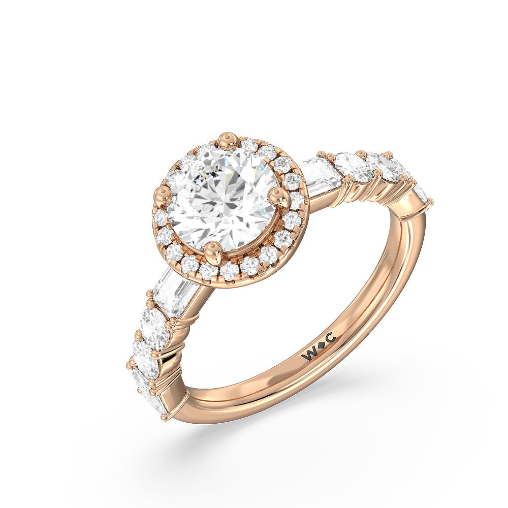 Halo Fancy Cut Side Stones Engagement Ring with Round Cut Diamond in 14KT Rose Gold view 3
