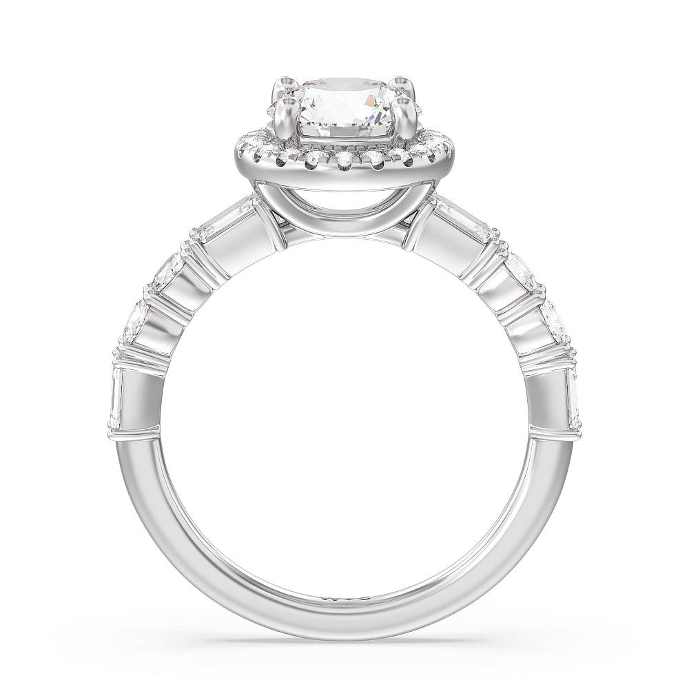 Halo Fancy Cut Side Stones Engagement Ring with Round Cut Diamond in 14KT Platinum view 2
