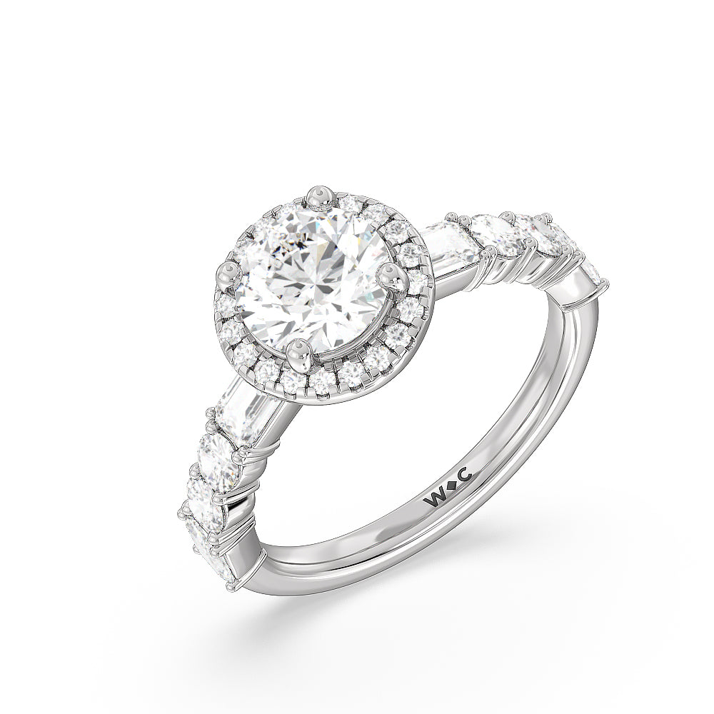 Halo Fancy Cut Side Stones Engagement Ring with Round Cut Diamond in 14KT Platinum view 3

