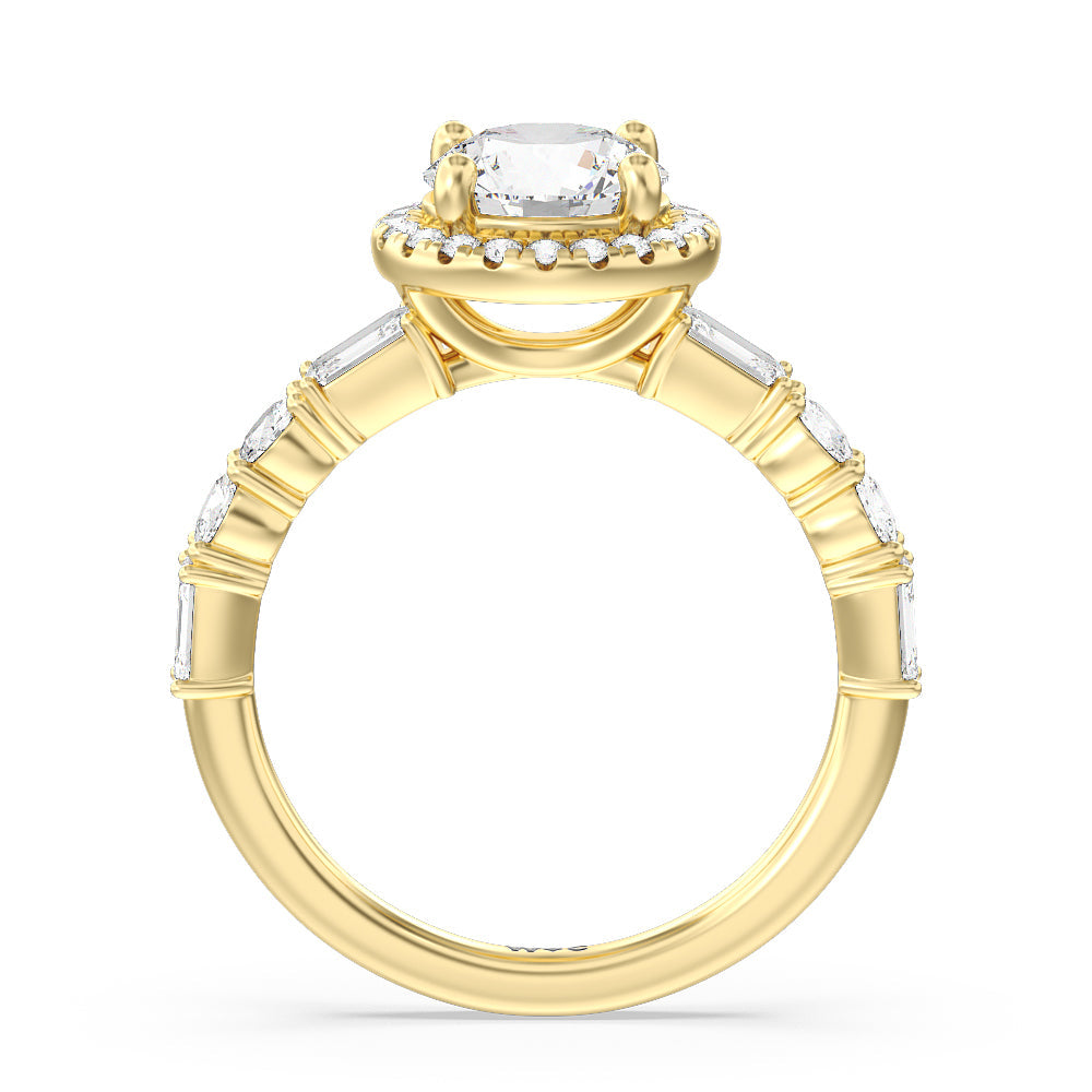 Halo Fancy Cut Side Stones Engagement Ring with Round Cut Diamond in 14KT Yellow Gold view 2
