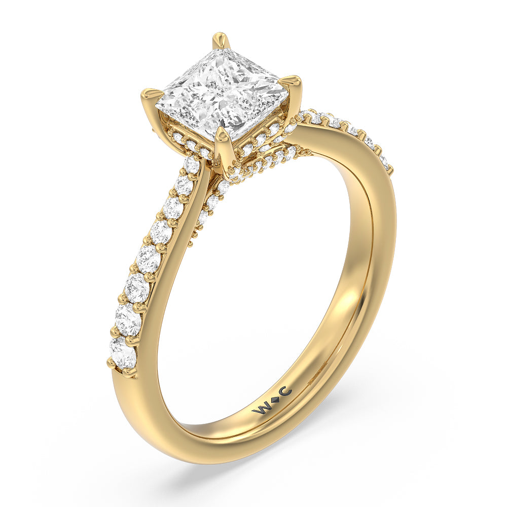 Princess Cut Bridged Basket & Hidden Halo Accent Engagement Ring with Lab Grown Diamond in 14KT Yellow Gold view 3
