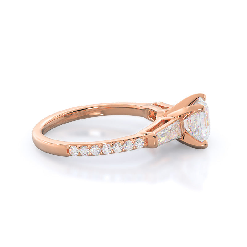 Three Stone Tapered Baguette Diamond Engagement Ring with Asscher Cut Diamond in 14KT Rose Gold view 3

