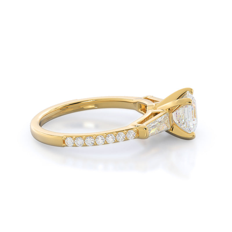 Three Stone Tapered Baguette Diamond Engagement Ring with Asscher Cut Diamond in 14KT Yellow Gold view 3
