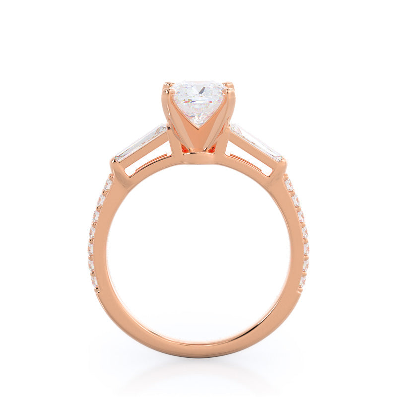 Three Stone Tapered Baguette Diamond Engagement Ring with Cushion Cut Diamond in 14KT Rose Gold view 2
