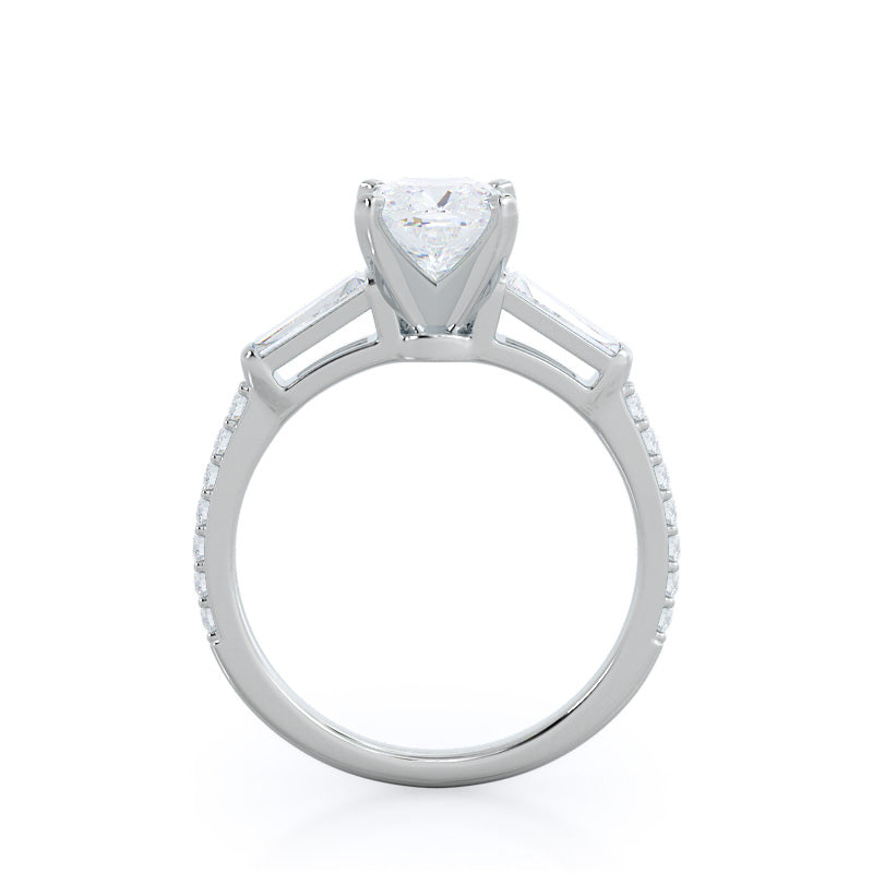 Three Stone Tapered Baguette Diamond Engagement Ring with Cushion Cut Diamond in 14KT Platinum view 2
