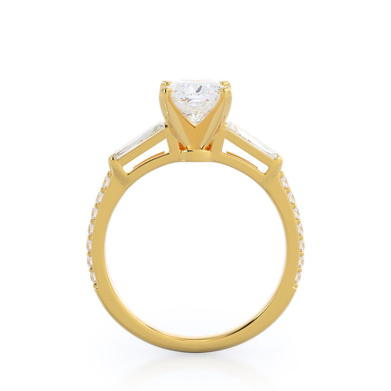 Three Stone Tapered Baguette Diamond Engagement Ring with Cushion Cut Diamond in 14KT Yellow Gold view 2
