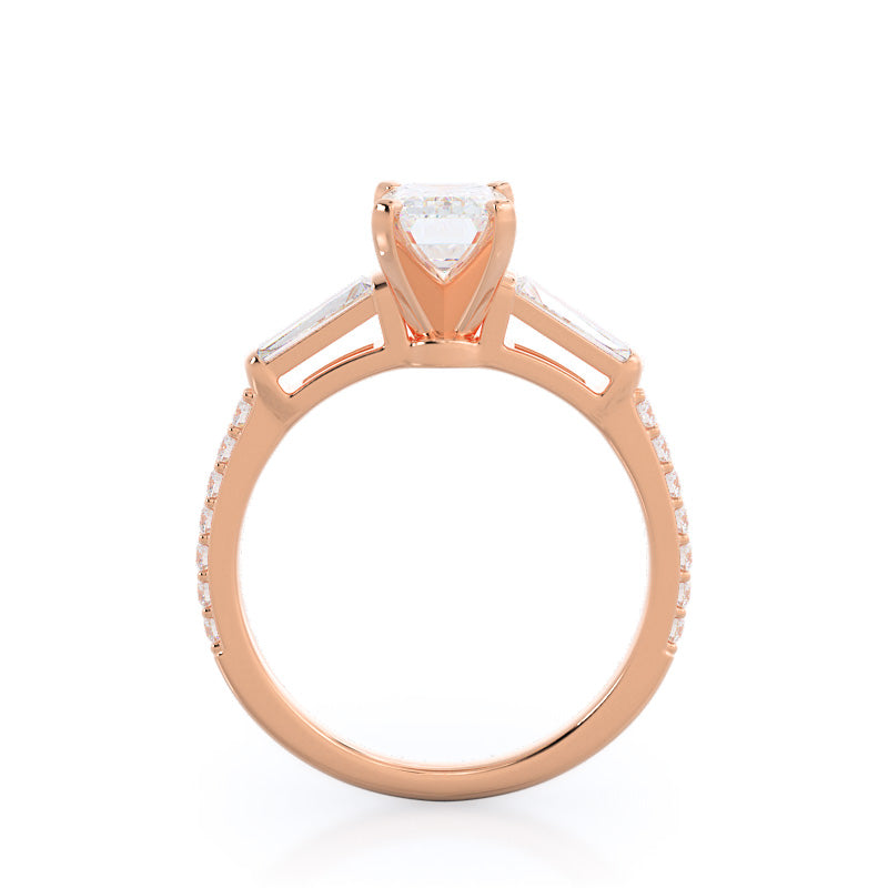 Three Stone Tapered Baguette Diamond Engagement Ring with Emerald Cut Diamond in 14KT Rose Gold view 2

