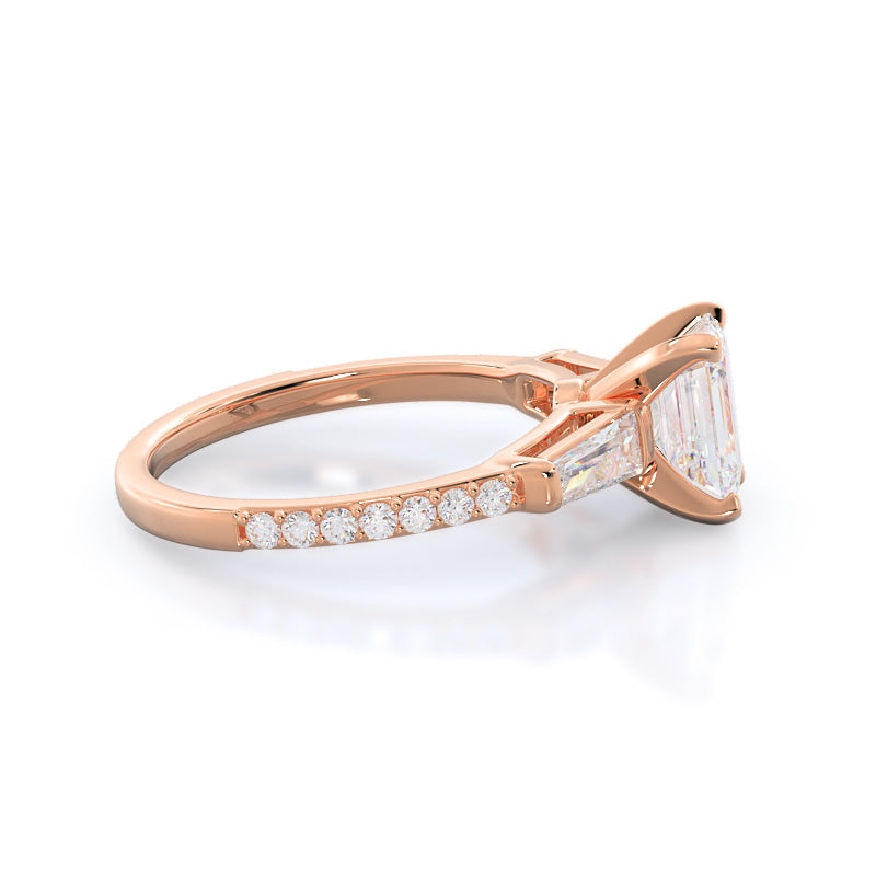 Three Stone Tapered Baguette Diamond Engagement Ring with Emerald Cut Diamond in 14KT Rose Gold view 3
