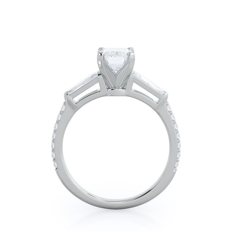 Three Stone Tapered Baguette Diamond Engagement Ring with Emerald Cut Diamond in 14KT Platinum view 2
