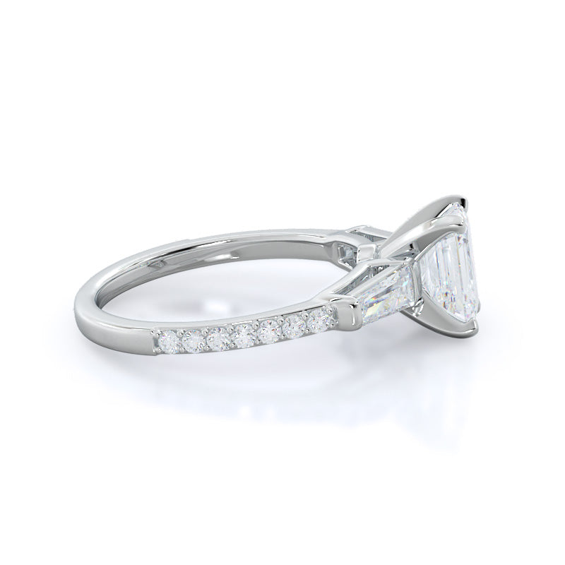Three Stone Tapered Baguette Diamond Engagement Ring with Emerald Cut Diamond in 14KT Platinum view 3
