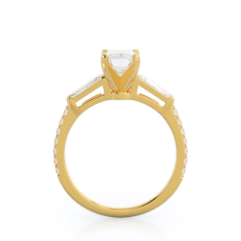 Three Stone Tapered Baguette Diamond Engagement Ring with Emerald Cut Diamond in 14KT Yellow Gold view 2
