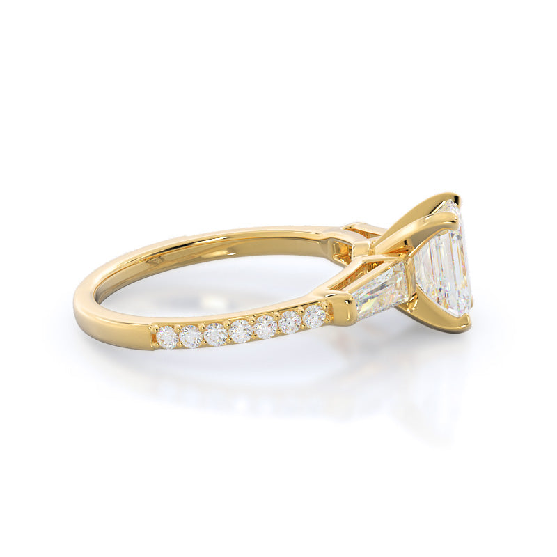 Three Stone Tapered Baguette Diamond Engagement Ring with Emerald Cut Diamond in 14KT Yellow Gold view 3
