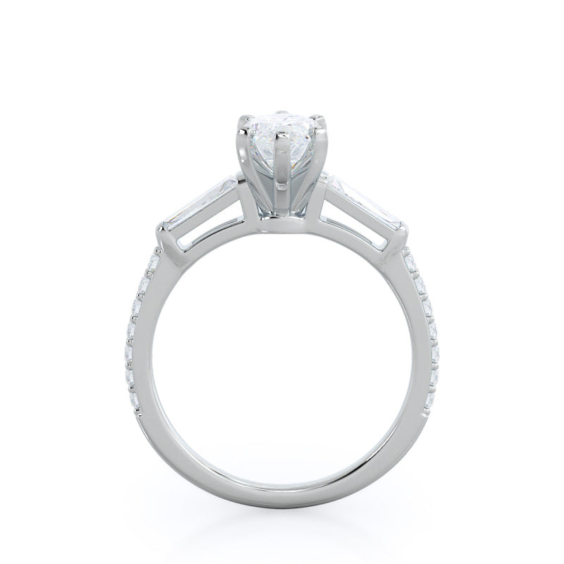 Three Stone Tapered Baguette Diamond Engagement Ring with Marquise Cut Diamond in 14KT Platinum view 2
