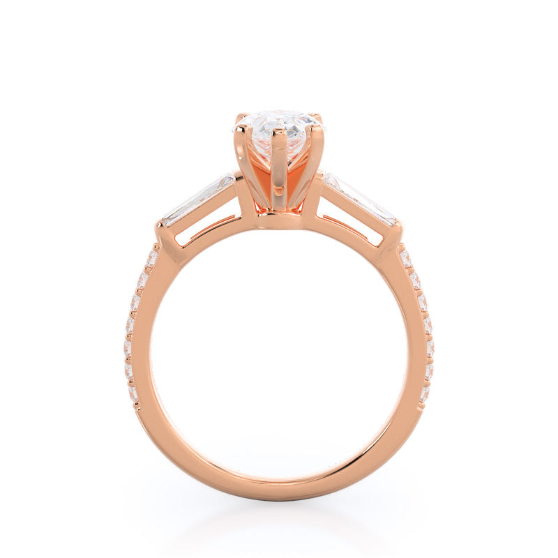Three Stone Tapered Baguette Diamond Engagement Ring with Pear Cut Diamond in 14KT Rose Gold view 2
