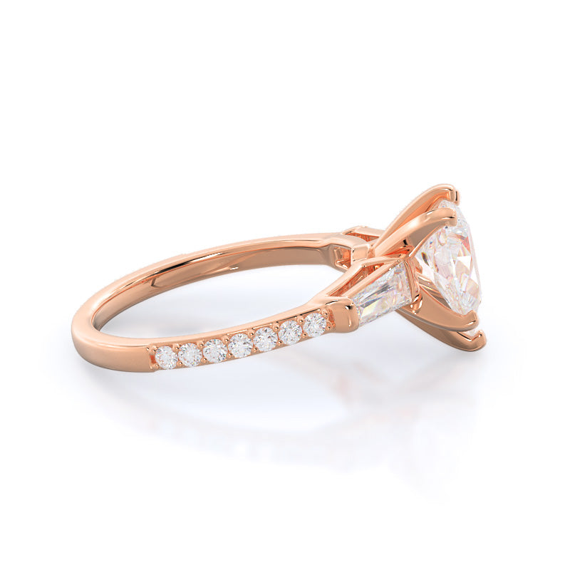 Three Stone Tapered Baguette Diamond Engagement Ring with Pear Cut Diamond in 14KT Rose Gold view 3
