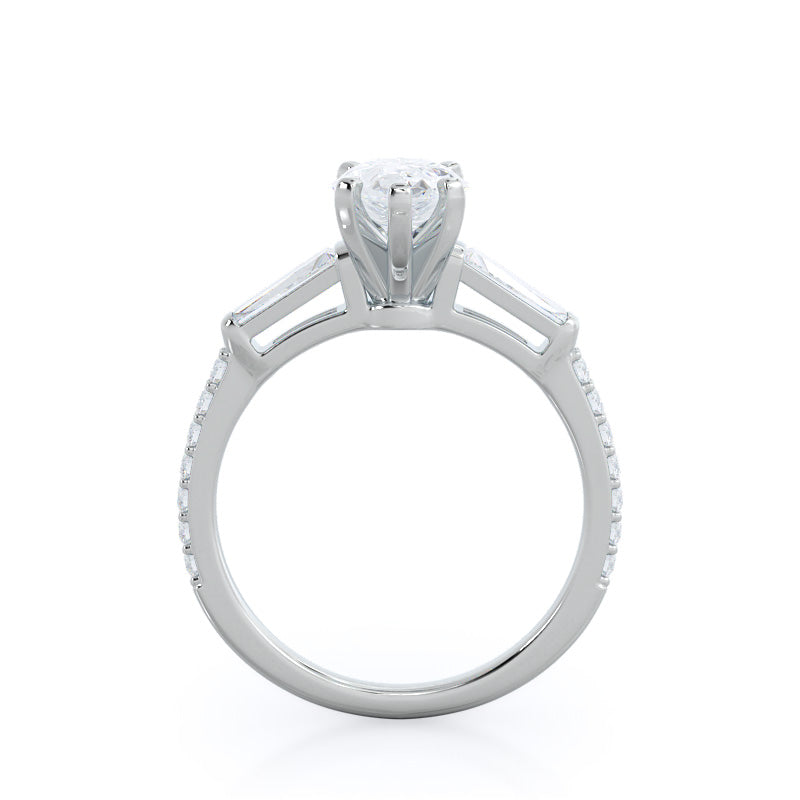 Three Stone Tapered Baguette Diamond Engagement Ring with Pear Cut Diamond in 14KT Platinum view 2
