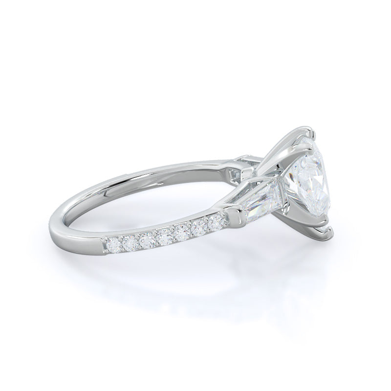 Three Stone Tapered Baguette Diamond Engagement Ring with Pear Cut Diamond in 14KT Platinum view 3
