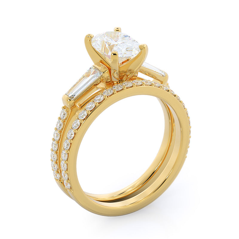 Three Stone Tapered Baguette Diamond Engagement Ring with Pear Cut Diamond in 14KT Yellow Gold view 4
