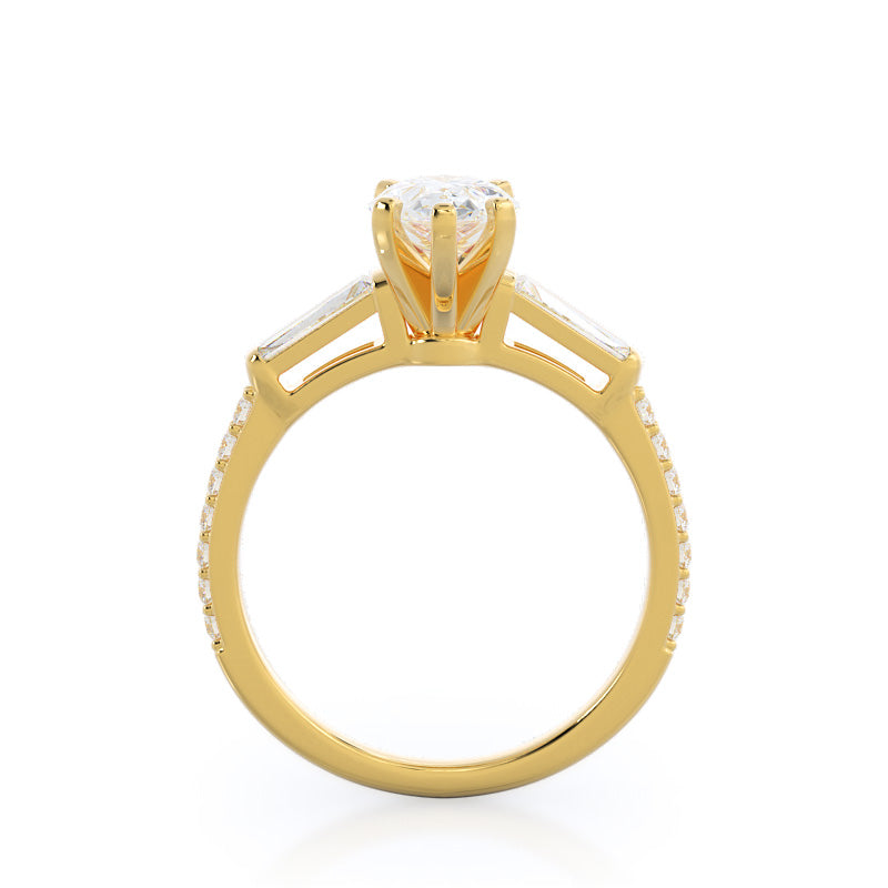 Three Stone Tapered Baguette Diamond Engagement Ring with Pear Cut Diamond in 14KT Yellow Gold view 2
