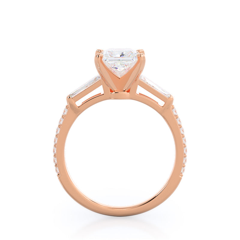 Three Stone Tapered Baguette Diamond Engagement Ring with Princess Cut Diamond in 14KT Rose Gold view 2
