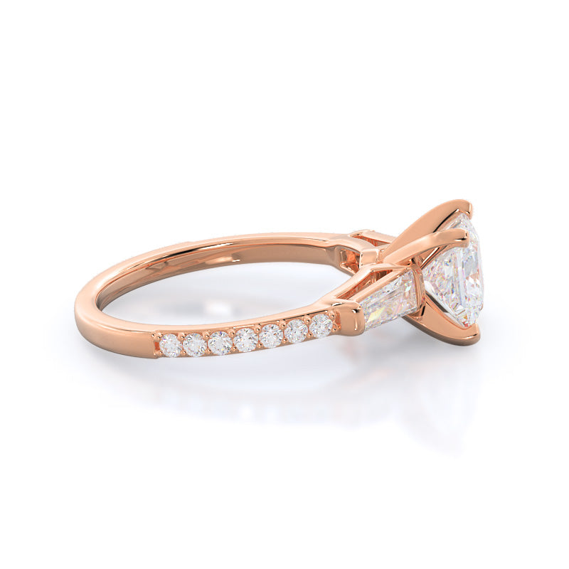 Three Stone Tapered Baguette Diamond Engagement Ring with Princess Cut Diamond in 14KT Rose Gold view 3
