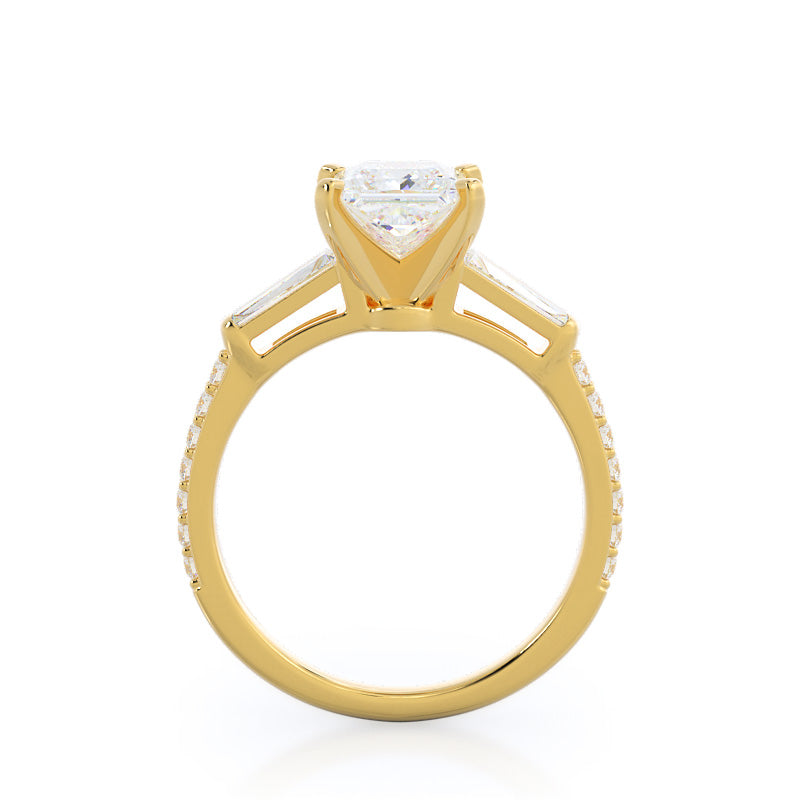 Three Stone Tapered Baguette Diamond Engagement Ring with Princess Cut Diamond in 14KT Yellow Gold view 2
