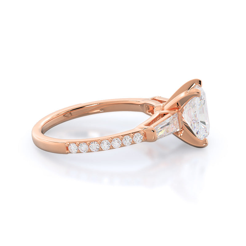 Three Stone Tapered Baguette Diamond Engagement Ring with Radiant Cut Diamond in 14KT Rose Gold view 3
