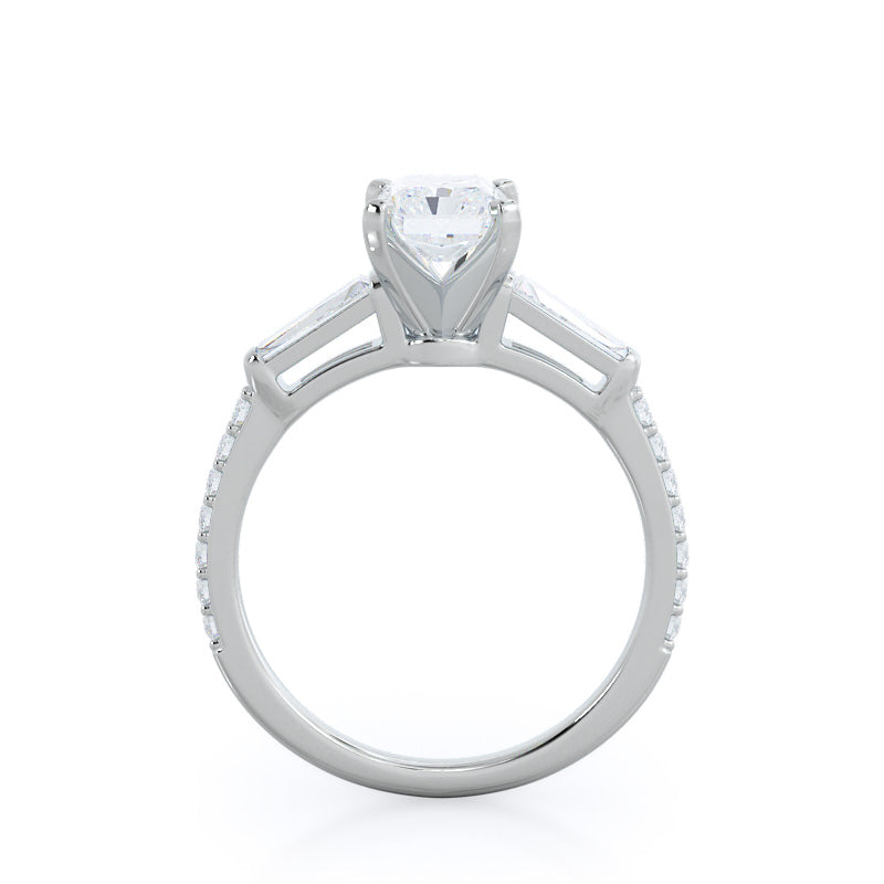 Three Stone Tapered Baguette Diamond Engagement Ring with Radiant Cut Diamond in 14KT Platinum view 2
