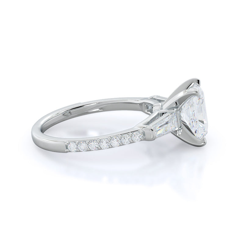 Three Stone Tapered Baguette Diamond Engagement Ring with Radiant Cut Diamond in 14KT Platinum view 3
