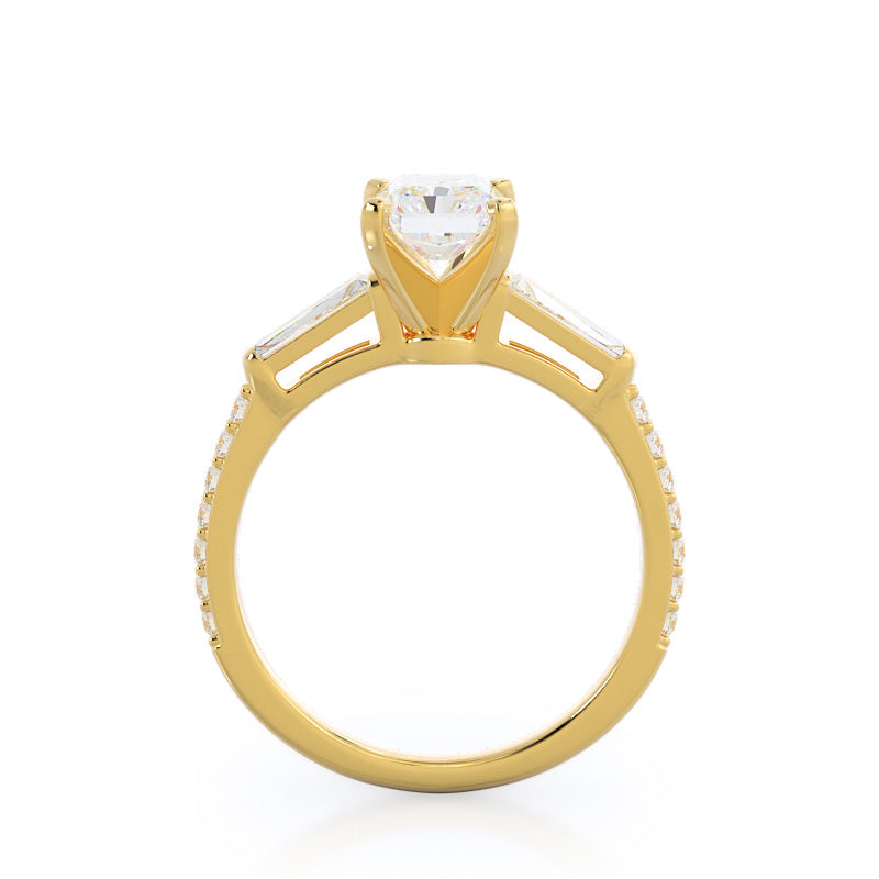 Three Stone Tapered Baguette Diamond Engagement Ring with Radiant Cut Diamond in 14KT Yellow Gold view 2
