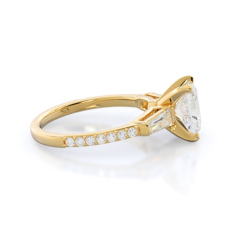Three Stone Tapered Baguette Diamond Engagement Ring with Radiant Cut Diamond in 14KT Yellow Gold view 3
